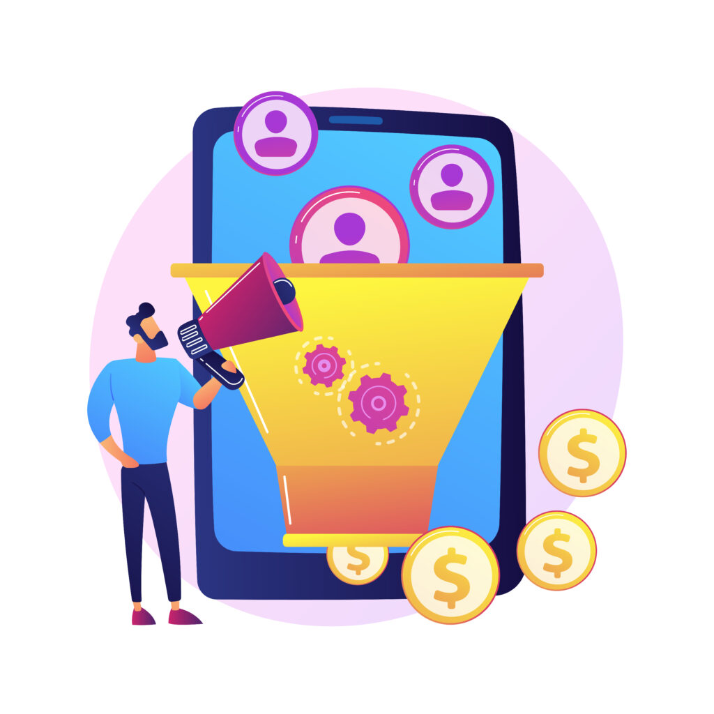 Client funnel vector concept metaphor Funnel sales strategy. Profit monetization. Target audience, lead generation. Conversion marketing. Marketologist cartoon character. Online business. Vector isolated concept metaphor illustration
